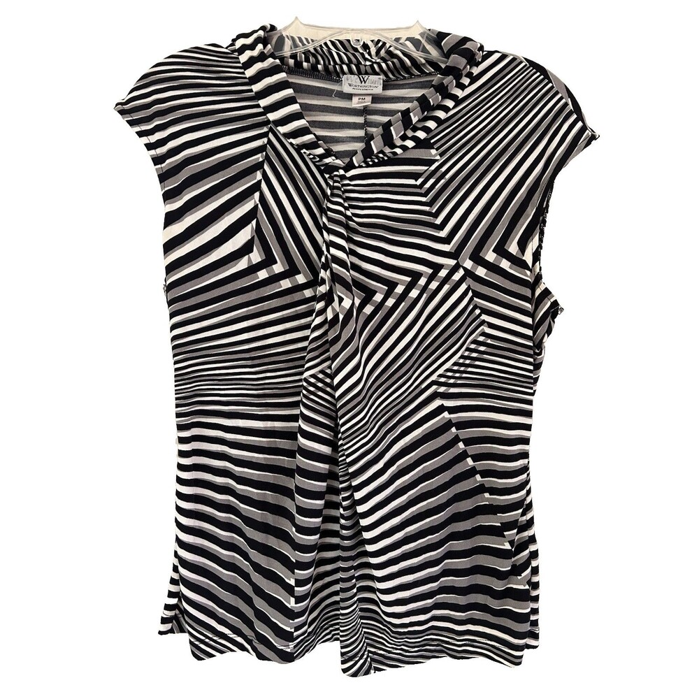 Worthington Women's Top Size PM Petite Medium Black White Stripe Cowl-like neck